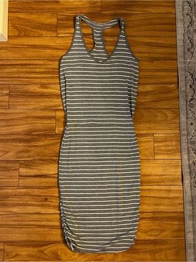 Athleta Gray and White Striped Racerback Midi Dress